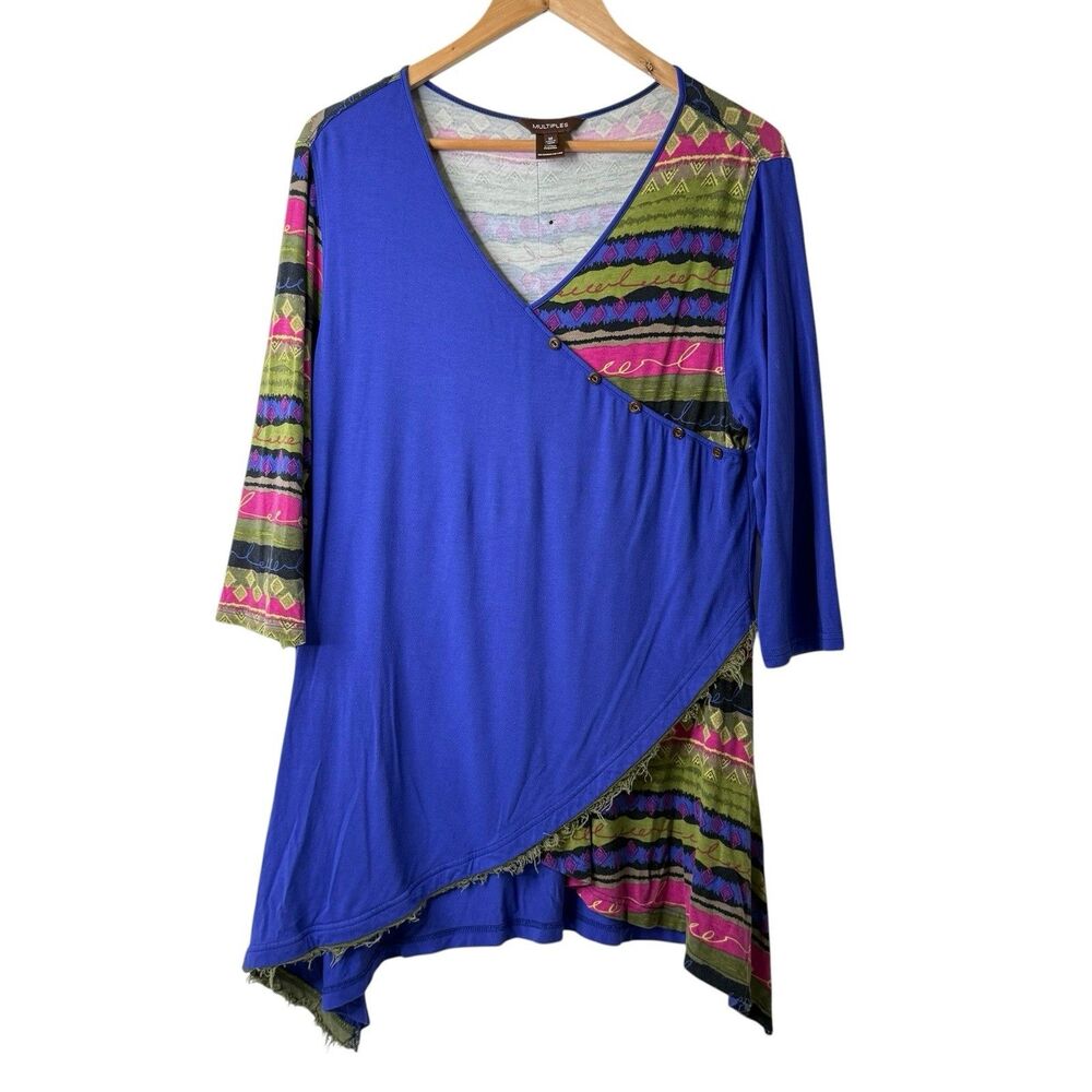 Multiples Mixed Media Jersey Tunic Top Sz M Artsy Lagenlook Shark Bite Hem Boho